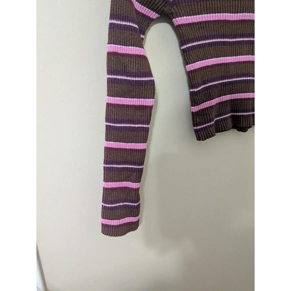 Y2K Brown & Pink Striped Ribbed Knit Polo Cardigan Crop Top